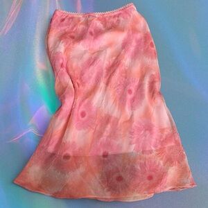 Y2K pink floral mesh midi skirt with lace trim